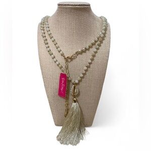 Elegant Gold and Cream Beaded Necklace with Tassel